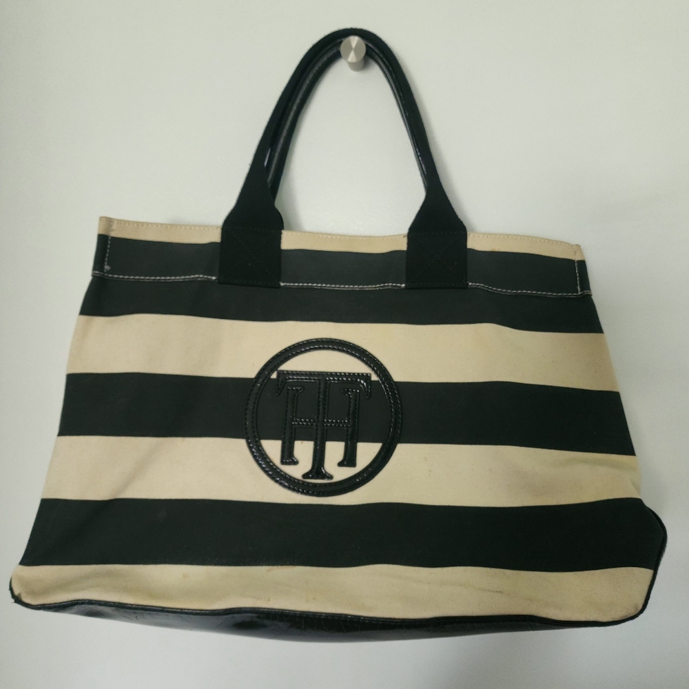 Tommy Hilfiger Black & Cream Striped Canvas Tote Bag